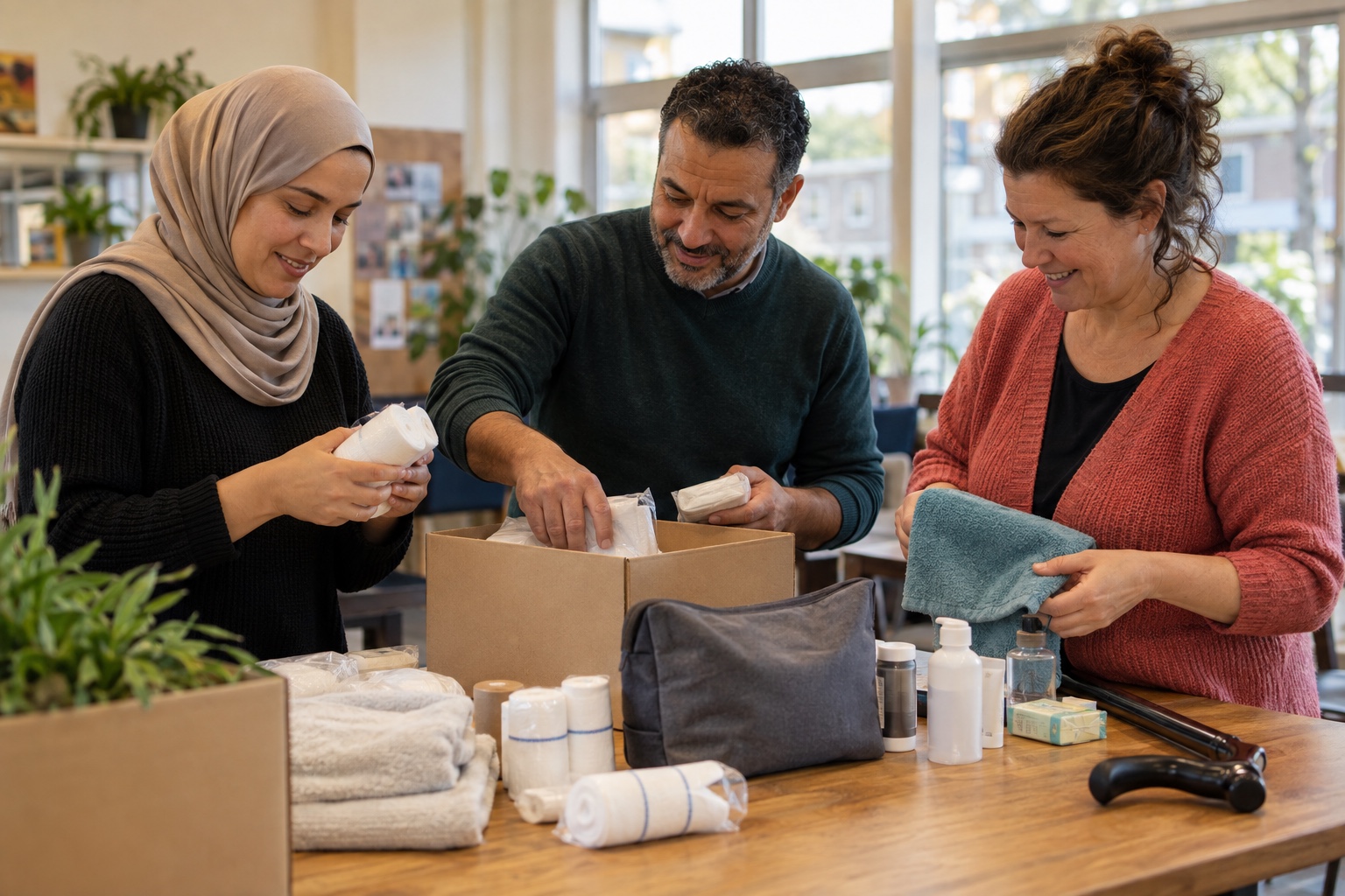 Three volunteers sorting medical and hygiene supplies together