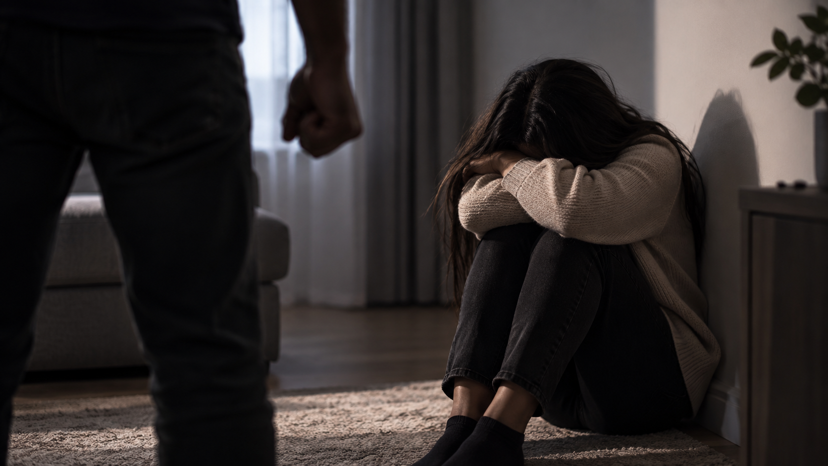 A woman sits curled up on the floor while a threatening person stands in the room